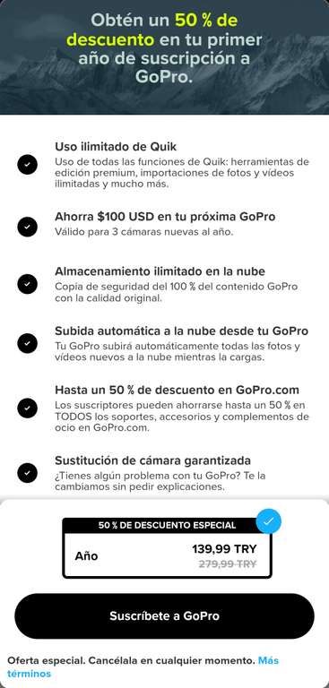 App GoPro: Suscripción a GoPro al 50% Anual método Turco