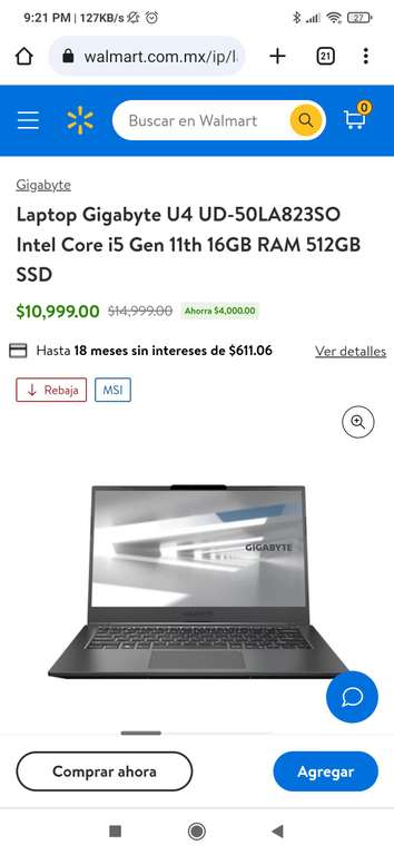 Walmart: Laptop Gigabyte U4 UD-50LA823SO Intel Core i5 Gen 11th 16GB RAM 512GB SSD con BBVA