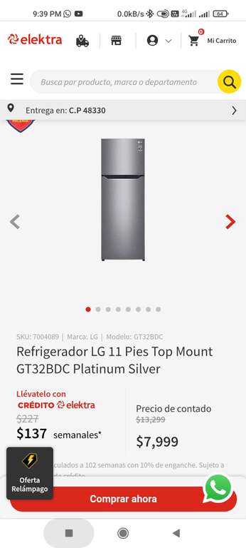 Refrigerador LG 11 Pies Top Mount GT32BDC Platinum Silver (TDC BBVA)