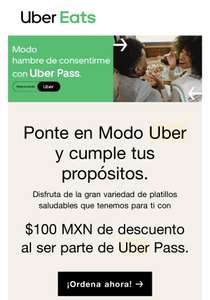 Uber Eats: $100 de descuento | Usuarios con Uber Pass