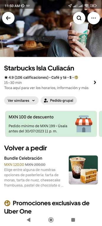 Uber Eats: Starbucks, Bundle Celebración por solo $20 (miembros one)