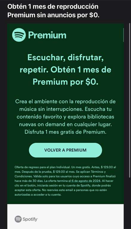 Spotify: 1 Mes Gratis usuarios cuyo acceso a Premium finalizó hace más de 30 días