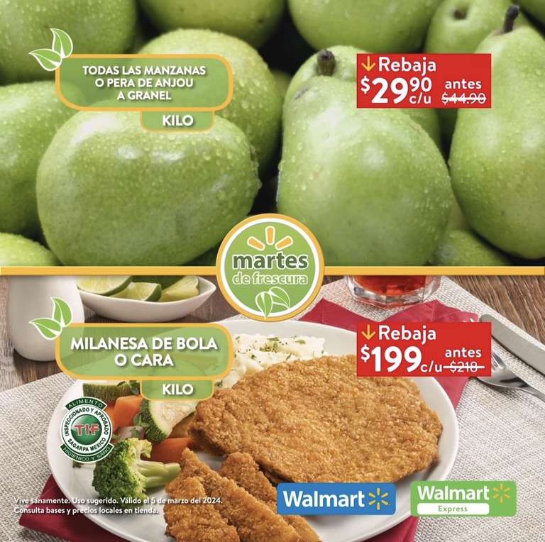 Walmart: Martes de Frescura 5 Marzo: Naranja ó Piña $14.90 kg • Aguacate ó Mango Ataulfo $26.90 kg • Todas las Manzanas ó Pera $29.90 kg