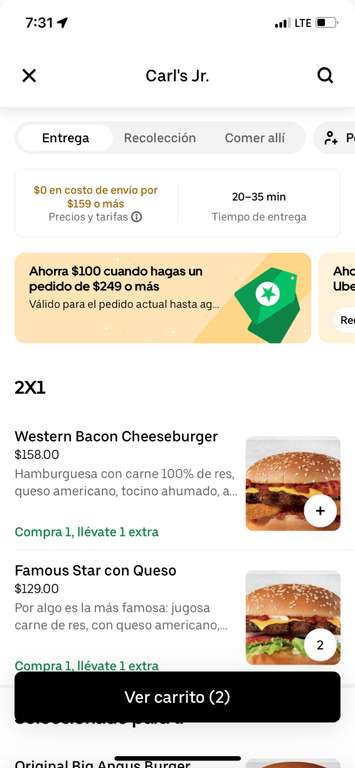 Uber eats: Carls Jr | Famous star con queso 2x 29 o 2 bacon cheeseburger x 58 | Uber One