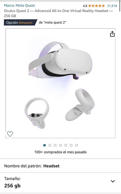 Amazon: Oculus quest Meta 2 256 gb (solo auriculares)