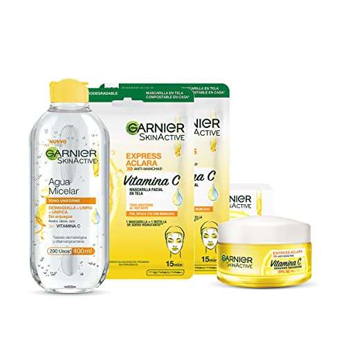 Amazon: Garnier Skin Active Kit aclara crema hidratante tono uniforme +agua micelar tono uniforme +2 mascarillas en tela tono uniforme