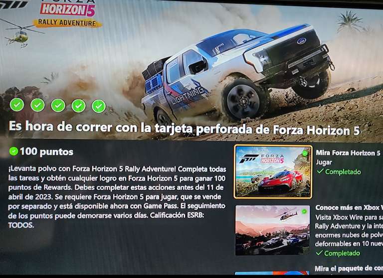 Microsoft Rewards: Tarjeta Perforada Forza Rally Adventure - 100 puntos gratis