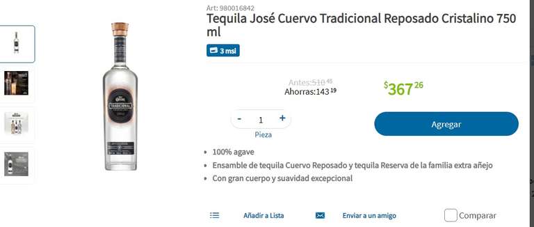 Tequila Jose cuervo Tradicional Cristalino en Sam's Club