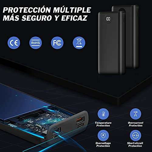 Amazon: Power Bank 20000mAh Carga Rápida 20W PD Con Pantalla LED Cargador Portátil con Cable Tipo C 3 Salidads USB de Alta Velocidad