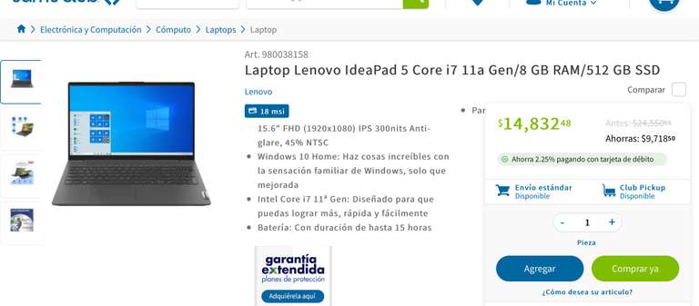 Sam's Club: Laptop Lenovo IdeaPad 5 Core i7 11a Gen/8 GB RAM/512 GB SSDLenovo