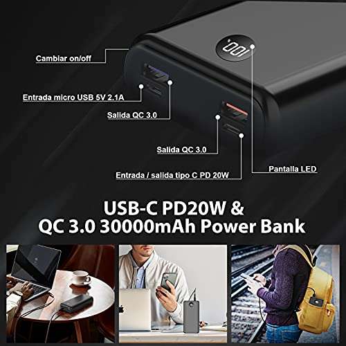 Amazon: Power Bank 30000mAh Batería Externa Carga Rápida 20W PD Con Pantalla LED