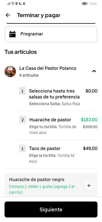 Uber Eats: 2 huaraches al pastor + 1 taco al pastor de la casa del pastor