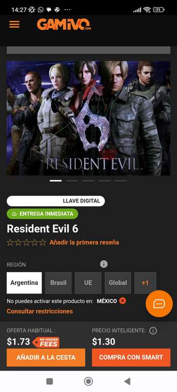 Gamivo: Resident Evil 6 Xbox para redimir código con VPN Argentina