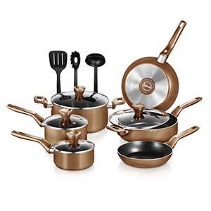 Amazon: NutriChef Utensilios de cocina ollas y sartenes - Elegante utensilios de cocina antiadherente (juego de 13 piezas), marrón