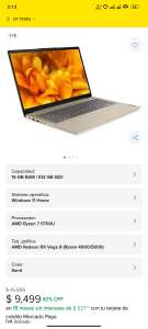 Mercado Libre: Laptop Lenovo Ideapad 3 15.6'' Ryzen 7 16gb Ram 512gb $7,599 con Santander, $7,979 con BBVA, $8,549 otros bancos