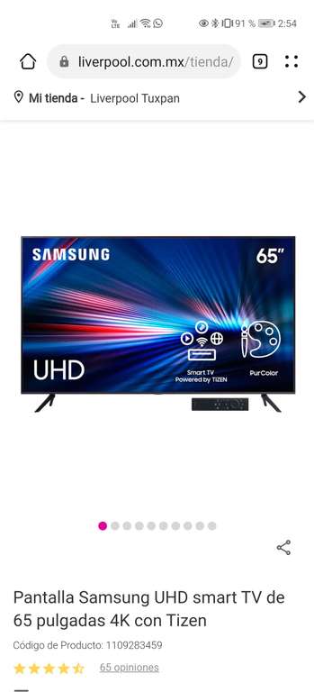 Liverpool: Pantalla Samsung UHD smart TV de 65 pulgadas 4K con Tizen