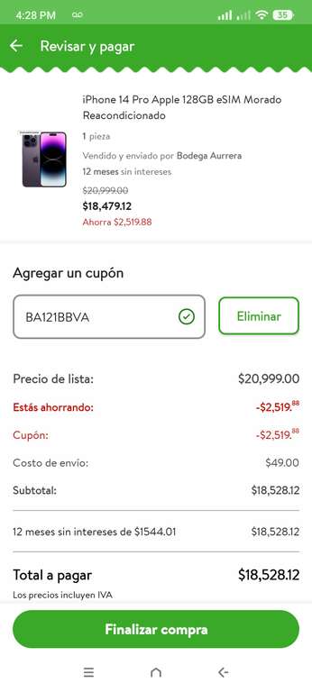 Bodega Aurrera: iPhone 14 Pro Apple 128GB eSIM Morado Reacondicionado pagando con BBVA