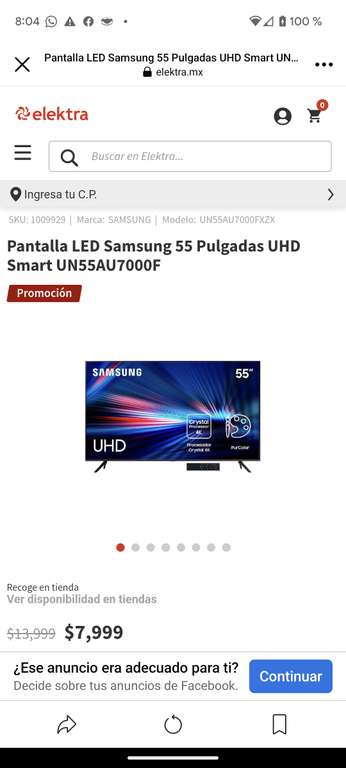 Elektra: Pantalla LED Samsung 55 Pulgadas UHD Smart UN55AU7000F