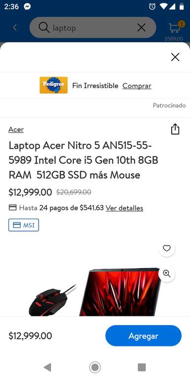Walmart: Laptop Acer Nitro 5 con Mouse