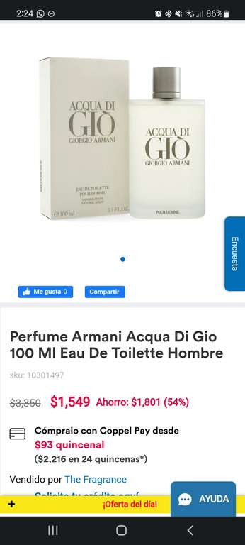 Coppel: Perfume Acqua di gio Hombre 100 ml