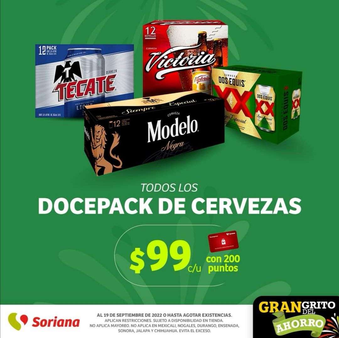 Soriana: Todos los 12 pack de cervezas $99 con 200 puntos Recompensas c/u -  