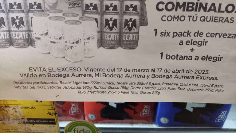 Six de cervezas (Tecate, bohemia Cristal) más Sabritas por $109 en Bodega Aurrera Córdoba, Ver