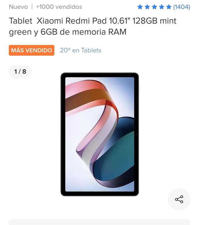Mercado Libre: Tablet Xiaomi Redmi Pad 10.61" 128GB mint green y 6GB de memoria RAM con diferentes bancos + cupón