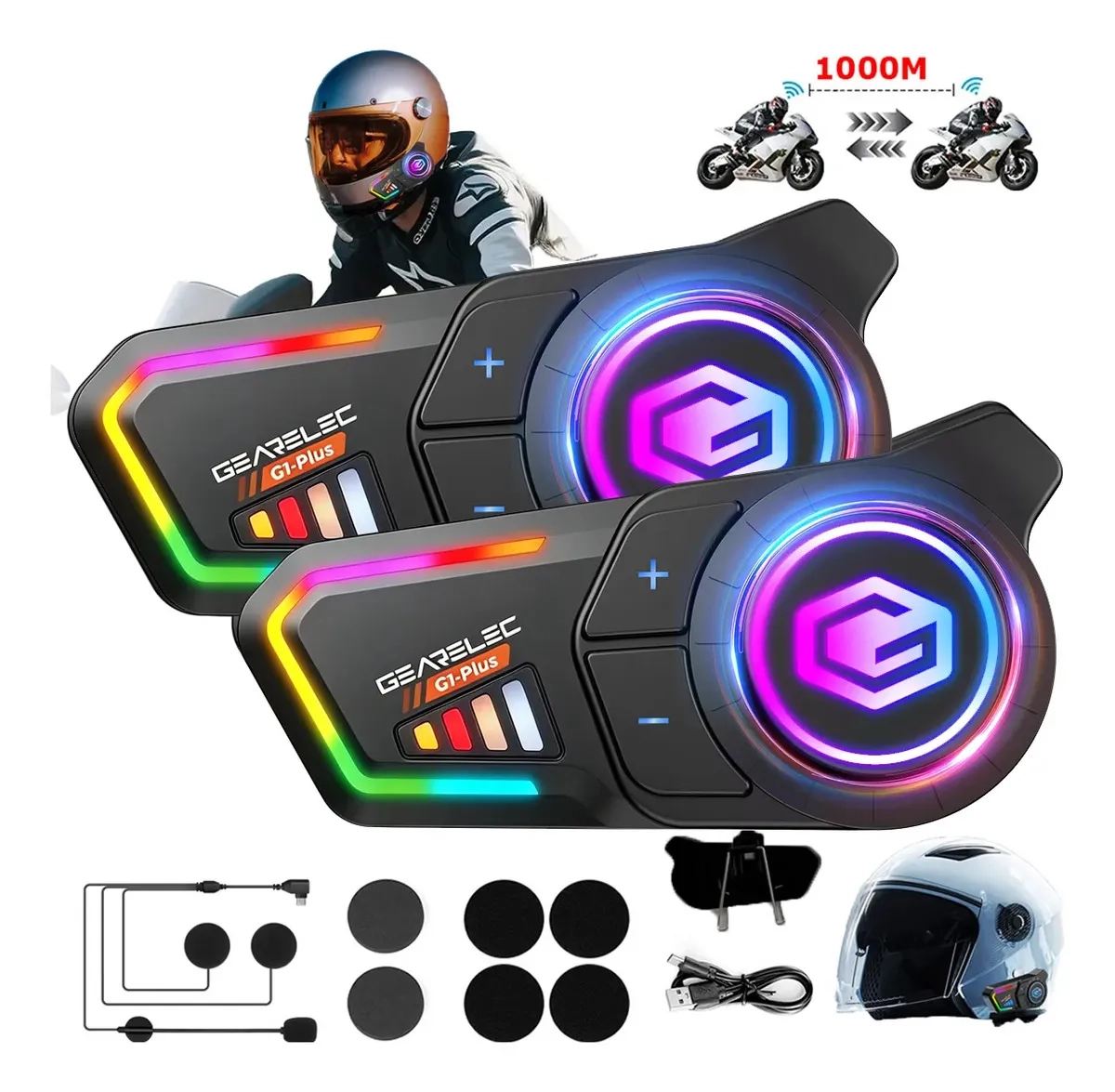 Mercado Libre: Intercomunicador Bluetooth Gearelec G1 Plus para Casco, Pack de 2, Compartir música, Alcance de 1 km y Batería de 3200 mAh