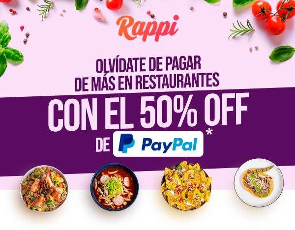 Rappi: 50% de descuento (max $100) en comercios pagando con Paypal