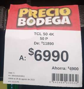 Bodega AURRERA cd industrial Villahermosa - Pantalla TCL 50 " modelo 50 A441
