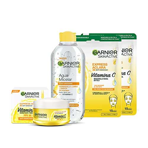 Amazon: Garnier Skin Active Kit express aclara: 1 crema hidratante tono uniforme +1 agua micelar tono uniforme + 2 mascarillas tono uniforme