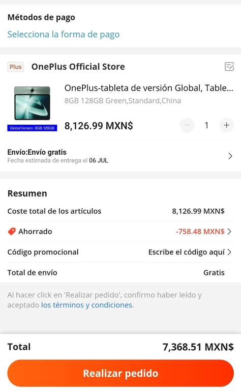AliExpress: Tablet OnePlus Pad 8gb 128gb versión global