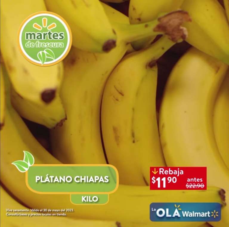 Walmart: Martes de Frescura 30 Mayo: Elote $3.90 pza • Plátano $11.90 kg • Aguacate ó Todas las Manzanas a Granel $29.90 kg