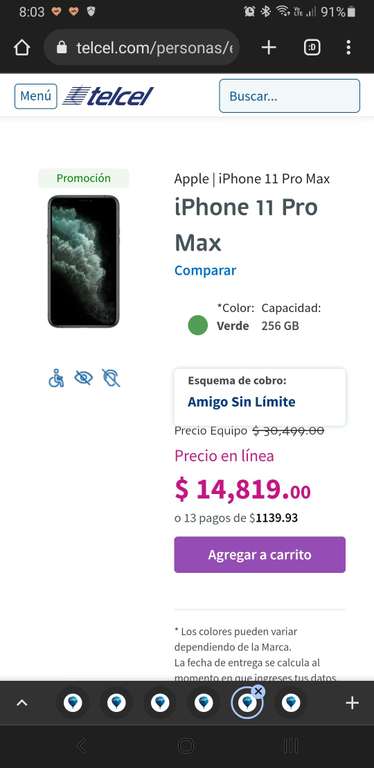 Telcel: iPhone 11 Pro Max 256Gb, Verde espacial