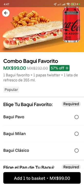 Uber Eats: Combo Bagui Cinépolis a 99 peso