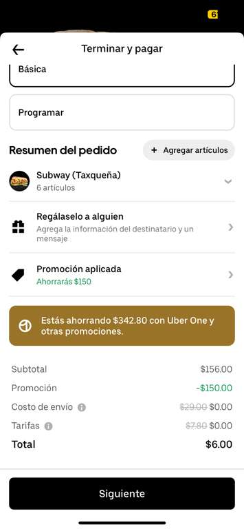 Uber eats(UBERONE) y Subway Taxqueña CDMX: 6 Subways x$6