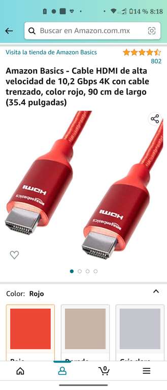 Amazon Basics - Cable HDMI de alta velocidad de 10,2 Gbps 4K con cable trenzado, color rojo, 90 cm de largo (35.4 pulgadas)