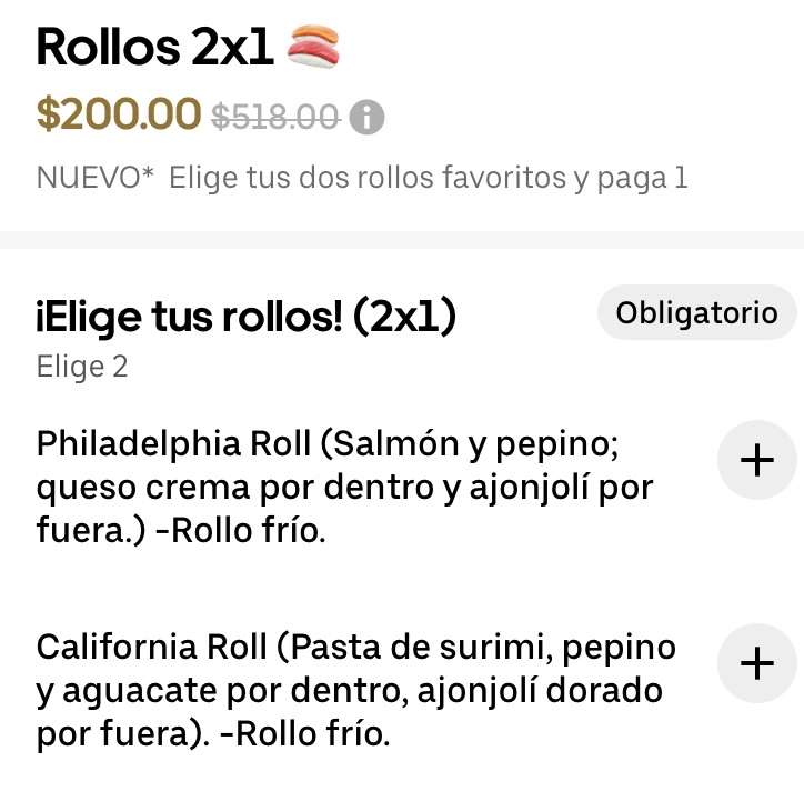 Uber Eats: Oriental wok sucursal concordia Cd Apodaca Nuevo León: 2 Rollos x $95