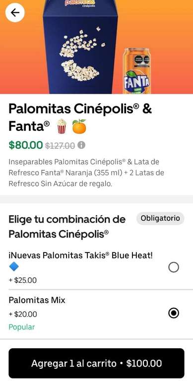 Uber Eats: palomitas Cinépolis + Fanta por $80