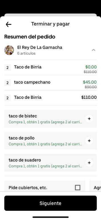 Uber eats 6 Tacos (4 de birria + 2 de tu elección) por $35 (Usuarios Uber One)
