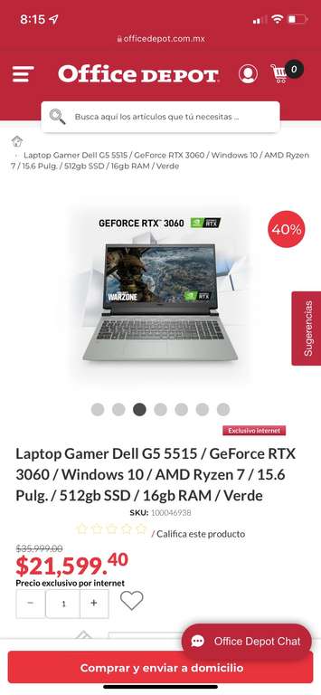 Office Depot: Laptop Gamer Dell G5 5515 / GeForce RTX 3060 / Windows 10 / AMD Ryzen 7 / 15.6 Pulg. / 512gb SSD / 16gb RAM / Verde