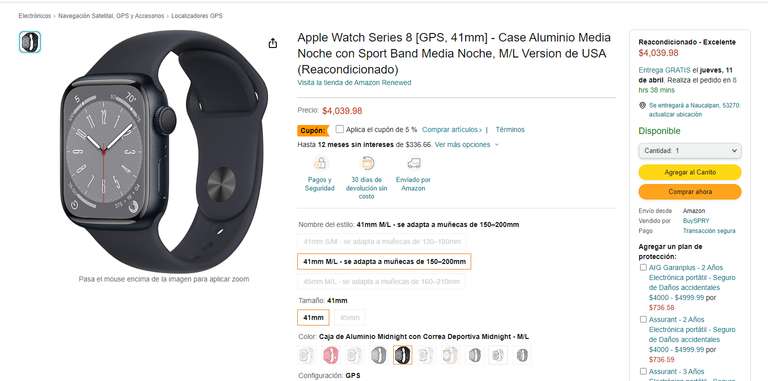 Amazon: Apple Watch Series 8 41mm gps condicion excelente reacondicionado