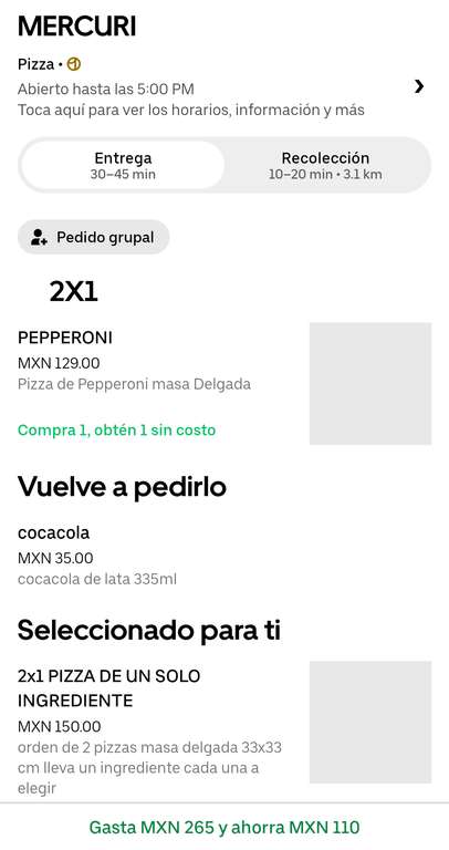 Uber Eats, Mercuri: 2 pizzas grandes y una coca por $54 (GDL) | Promoción 2x1