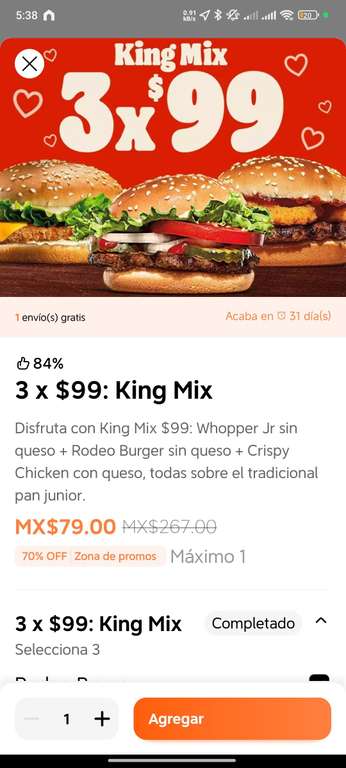 Didi food: Burguer King, 3 hamburguesas por $79