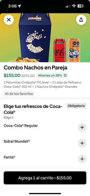 Uber Eats - Cinépolis Combo Nachos en Pareja