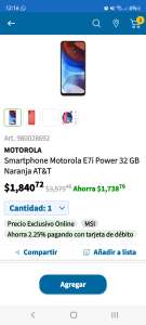 Sam's Club: Smartphone Motorola E7i Power 32 GB Naranja AT&T