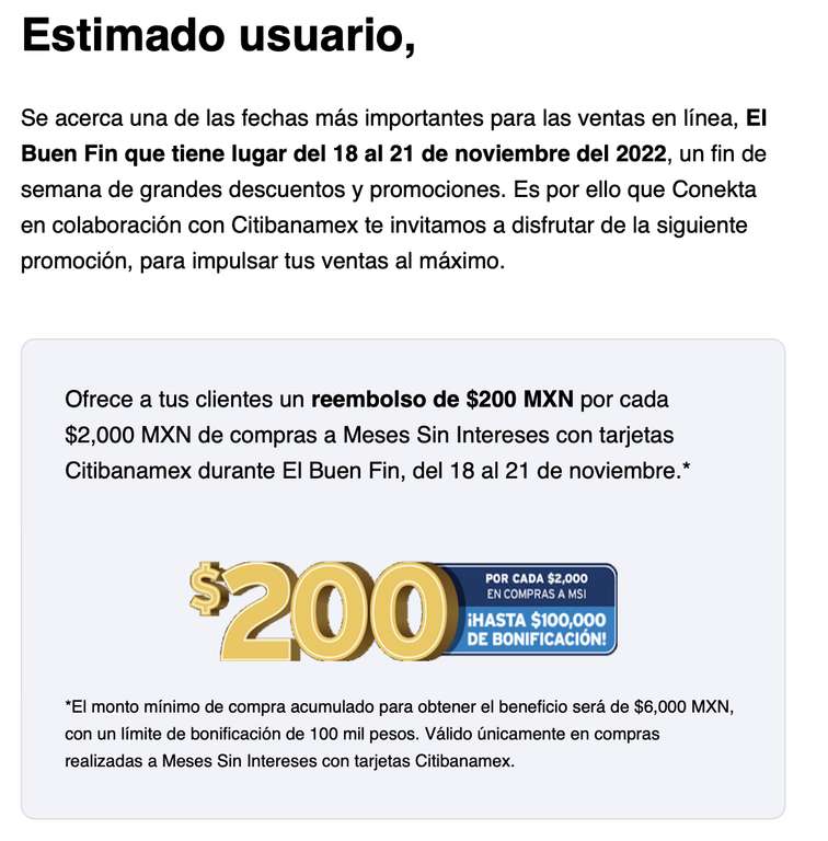Buen Fin 2022 en Citibanamex: $200 de reembolso por cada $2000 de compra a MSI del 18 al 21 de noviembre