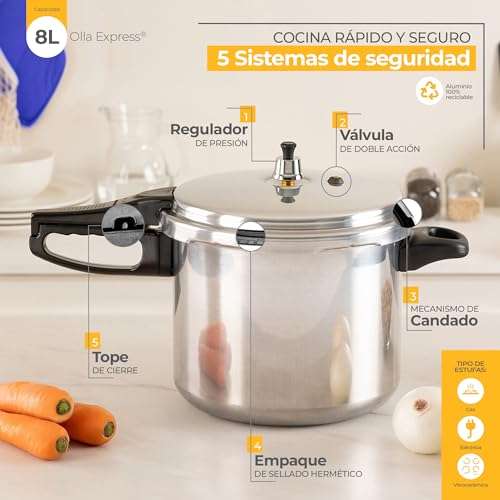 Olla Premier de Presión Express EKCO Hecha de Aluminio con 5 Sistemas de  seguridad ¡Cocina más Rápido y Saludable!, 6 Litros