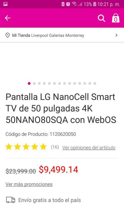Liverpool: Pantalla LG NanoCell Smart TV de 50 pulgadas 4K 50NANO80SQA con WebOS