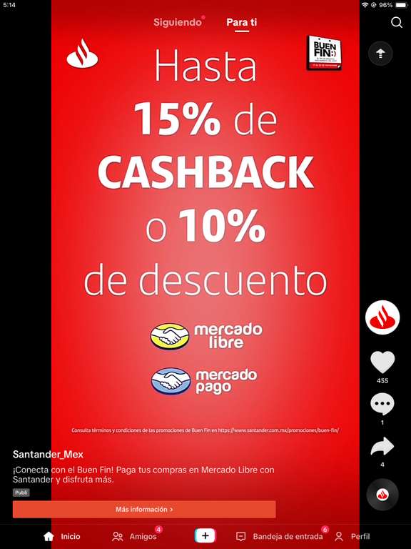 Buen Fin 2023 en Santander: Hasta 15% cashback o 10% OFF en Mercado Libre (SANTBF23) y Mercado Pago (BFMP23)